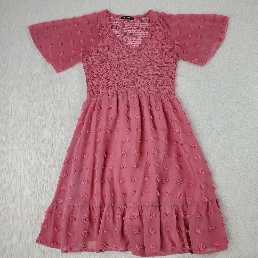BTFBM Women's Size S Rose Pink Smocked Swiss DOT V-NECK Short Sleeve Short Dress